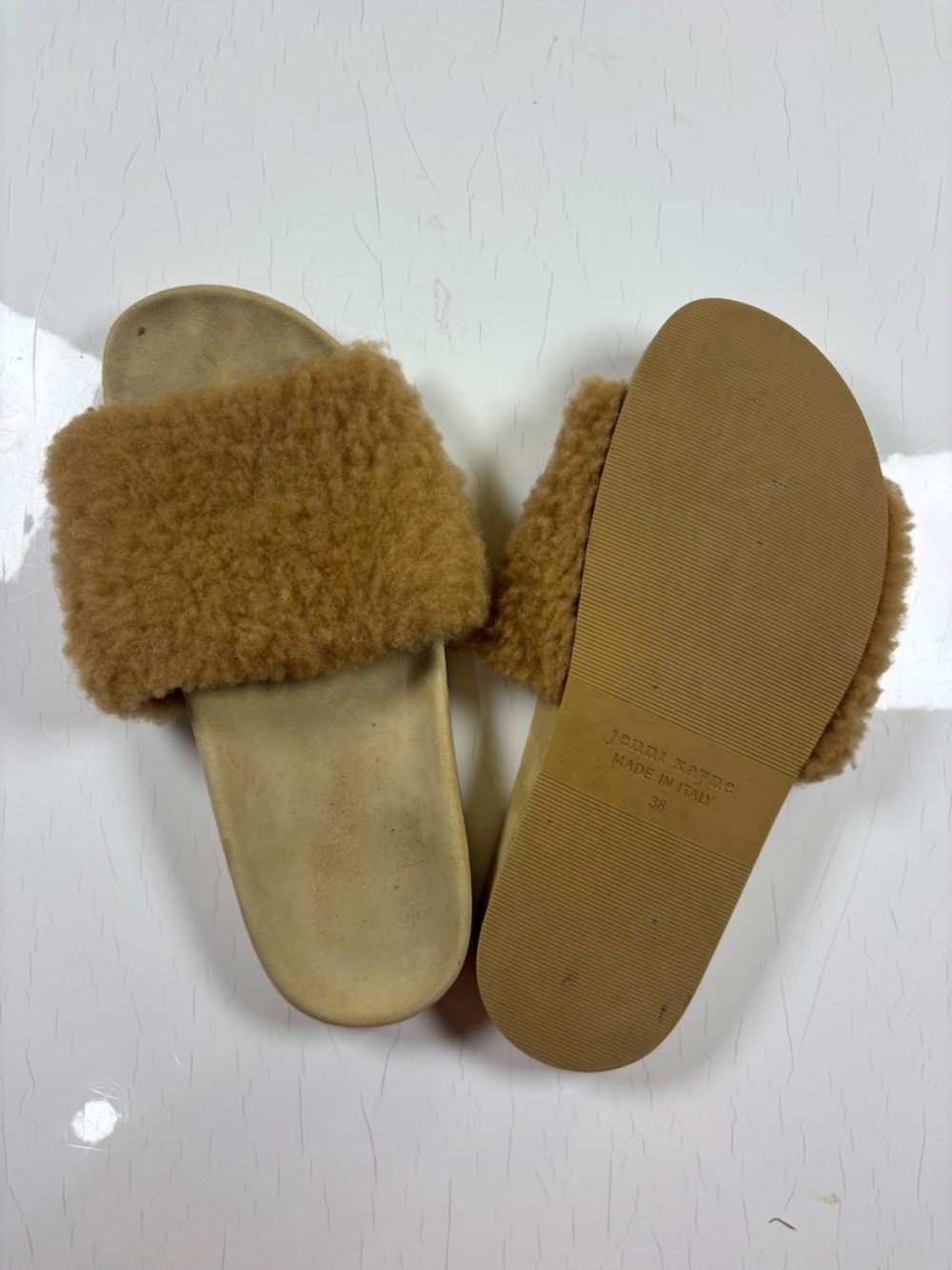 Jenni Kayne Camel Faux Shearling Slides - 38